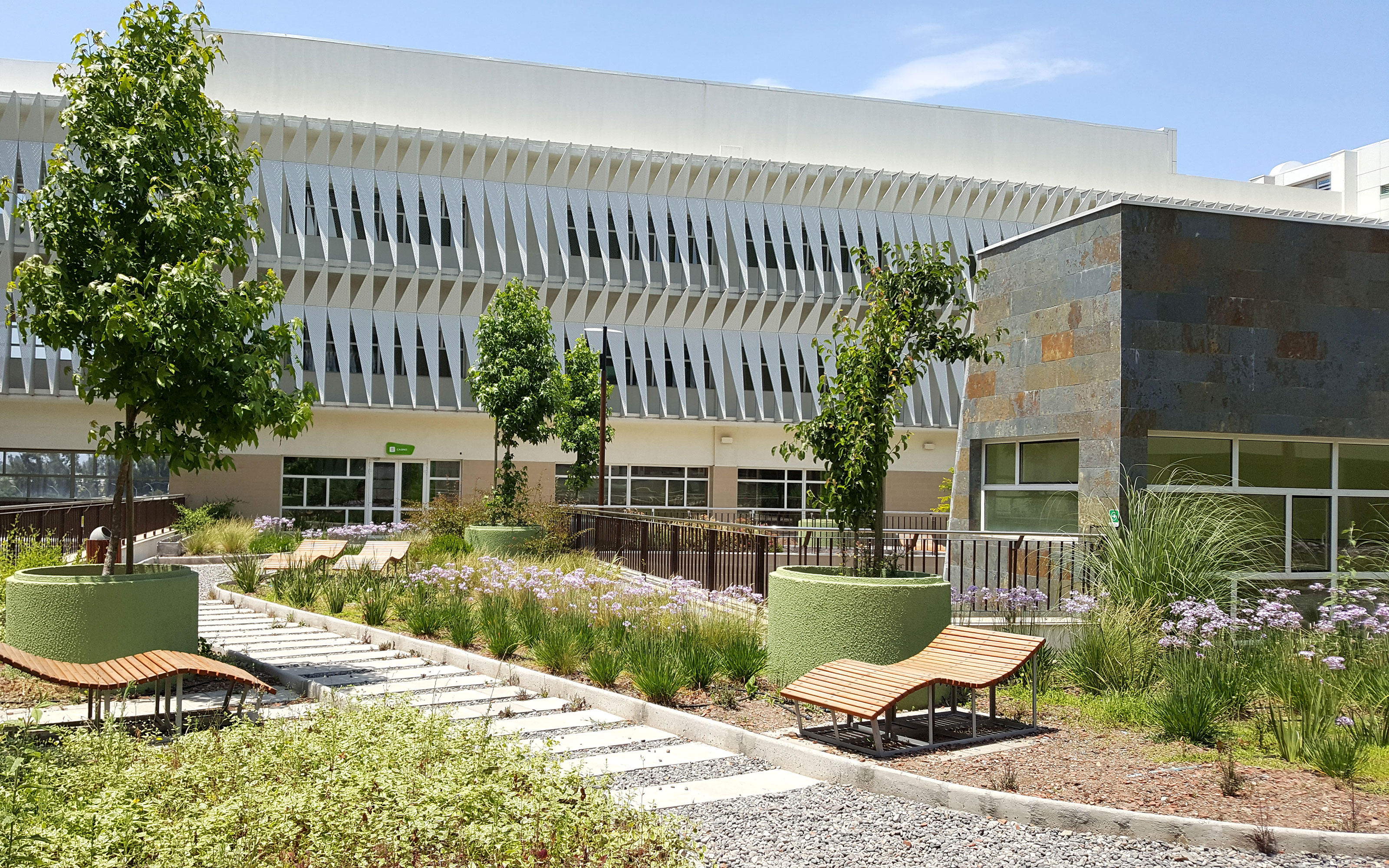 Cubierta jardin con tumbonas de madera