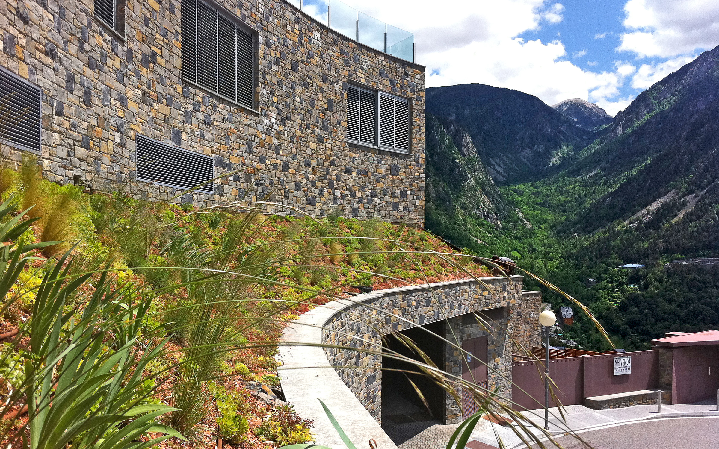 Cubierta ajardinada extensiva enfrente de las montañas