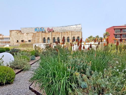 Cubierta jardín con un camino de grava y lámparas de bola