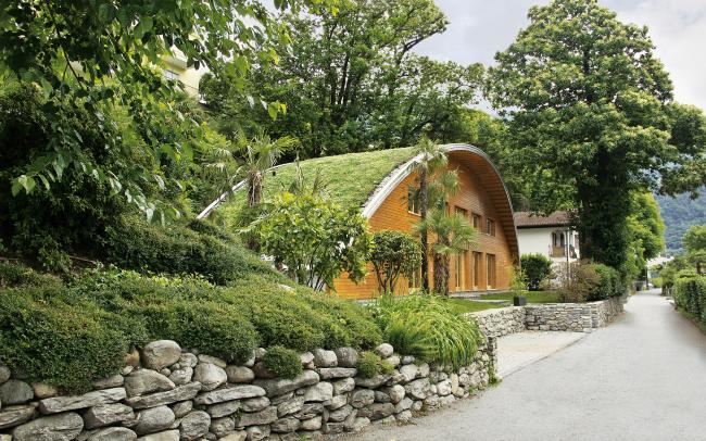 Casa de madera con la cubierta abovedada ajardinada