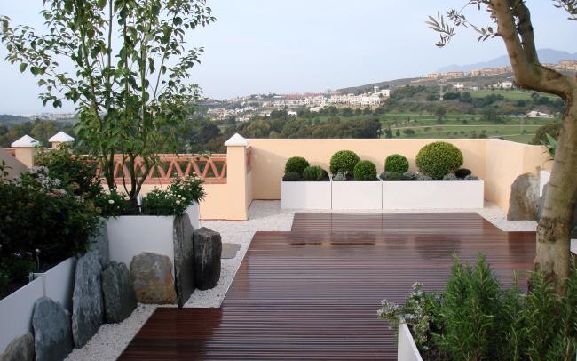 Terraza con pavimentos de madera y olivos, boj y romero en macetas