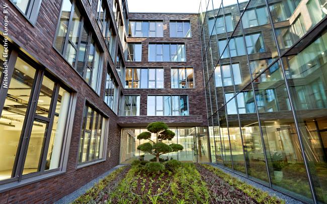 Patio con un árbol ornamental y grava