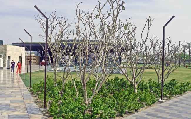 Parque con canteros y pavimentos de piedra natural